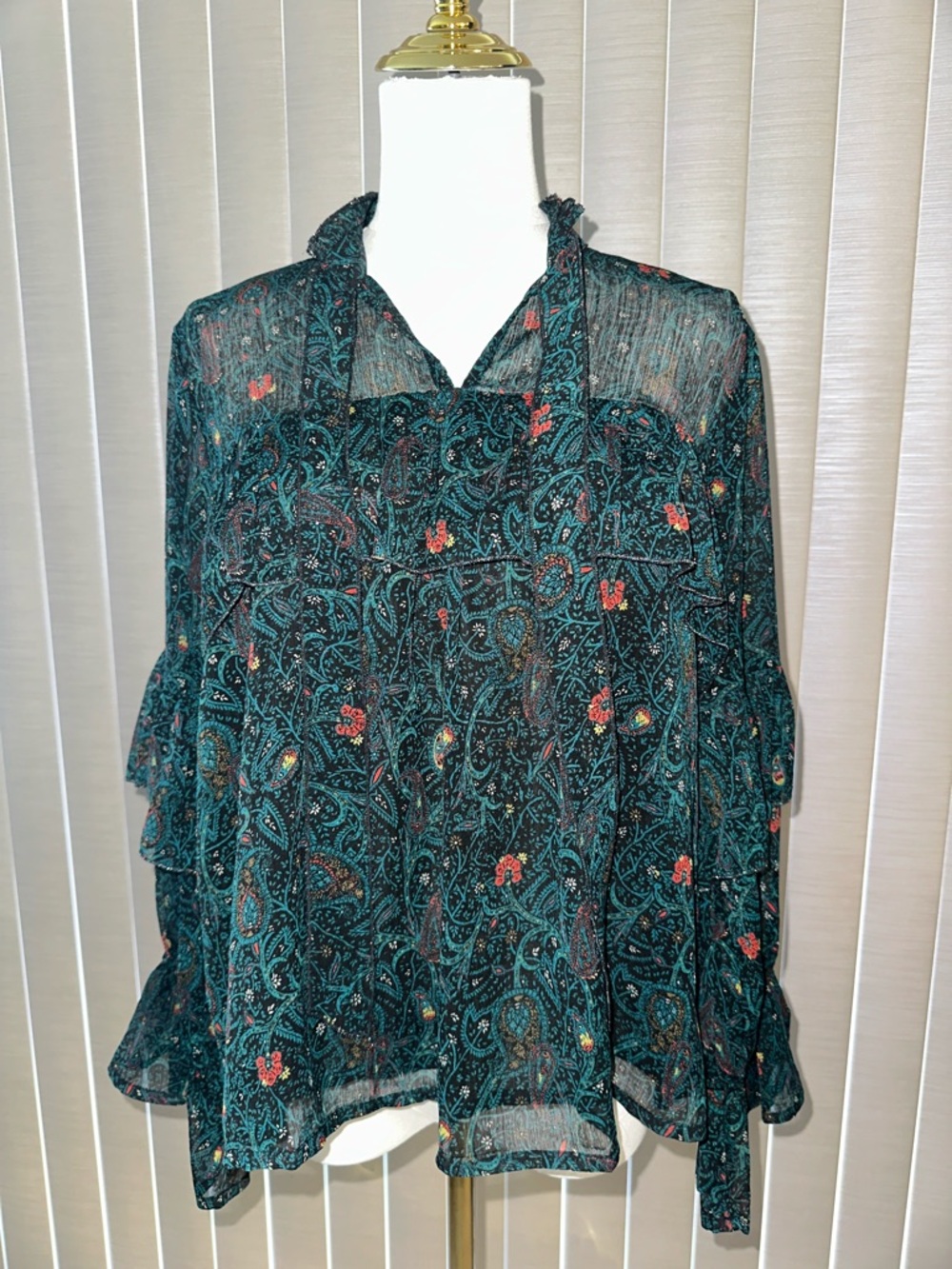 Sheer Paisley Ruffle Blouse in Teal